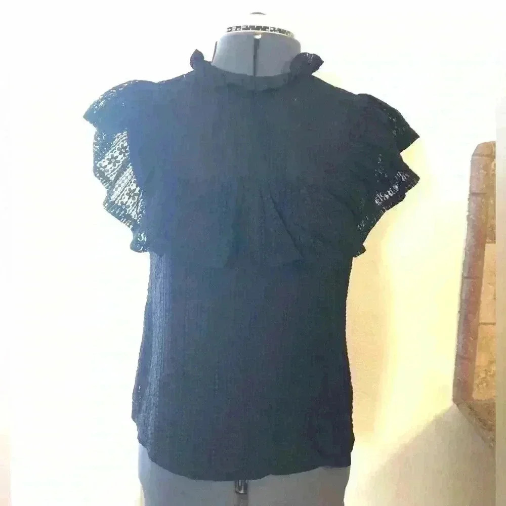 Iris black lace front ruffle key hole blouse top women medium - Picture 2 of 10